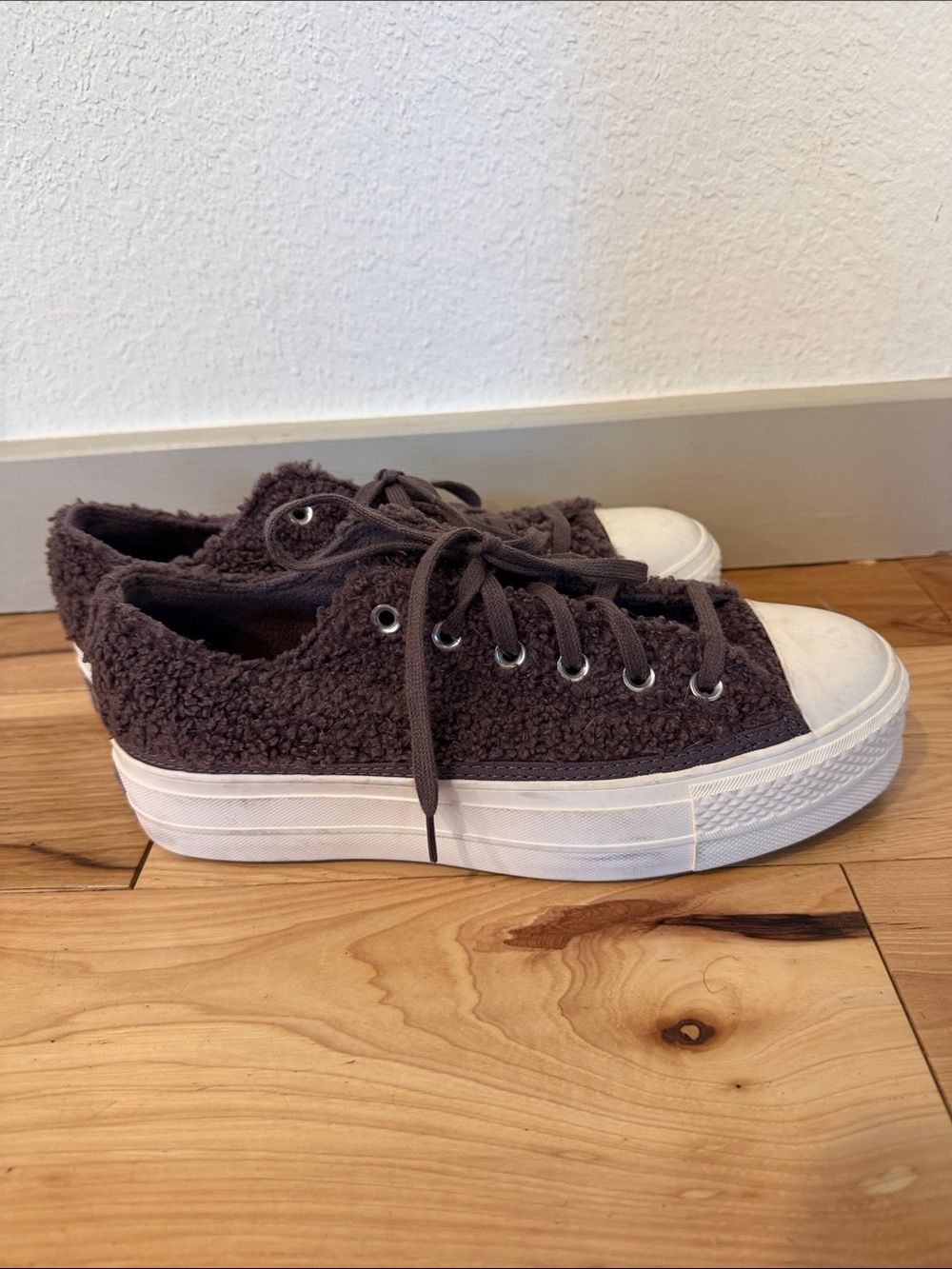 Converse Chuck Taylor Low Cozy Sherpa Sneakers in Brown and White